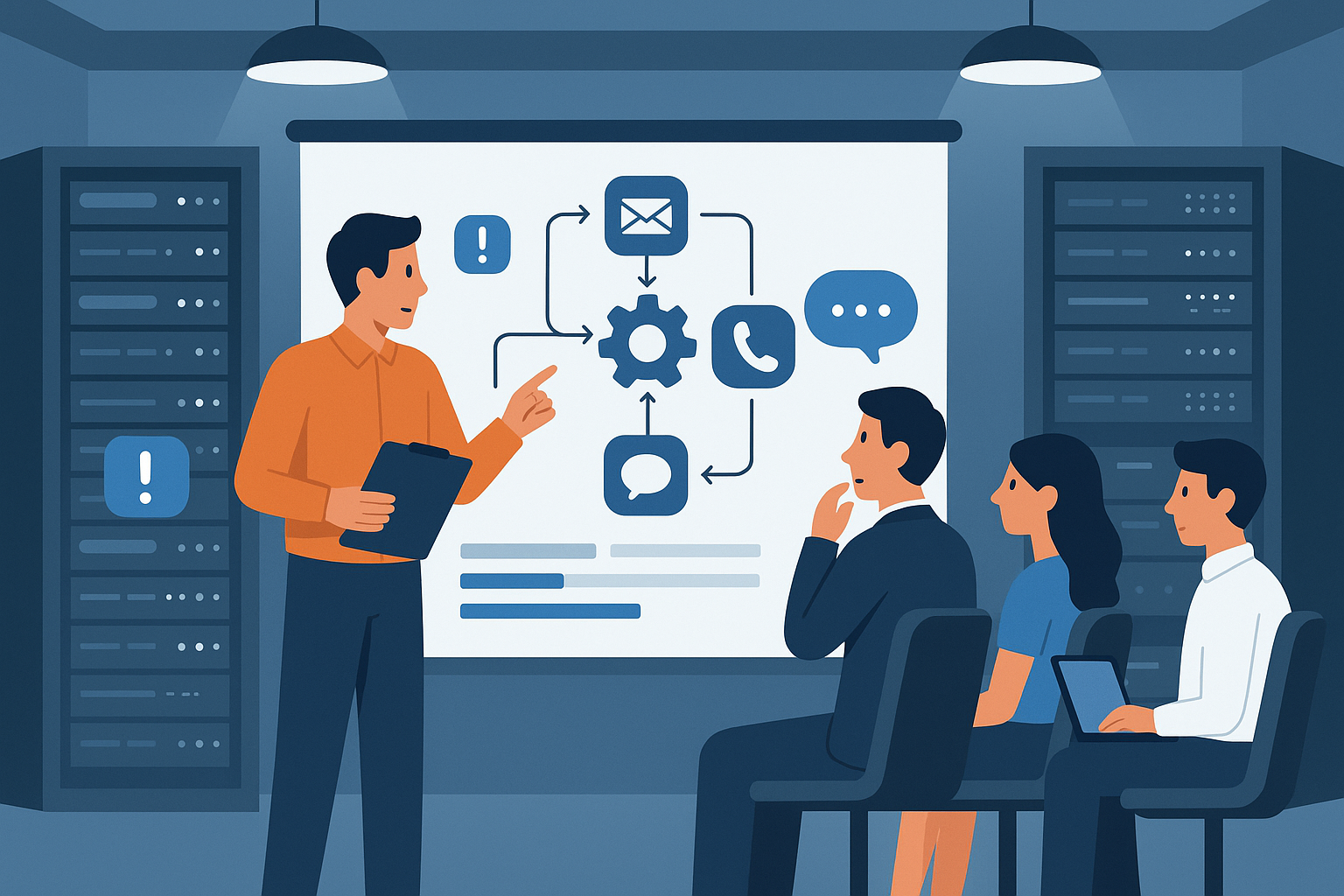 Illustration of presentation of a tech solution in a server room lights setting, with a focused mood.