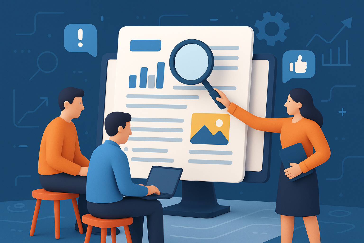 Illustration of team planning content in a abstract tech patterns setting, with a focused mood.