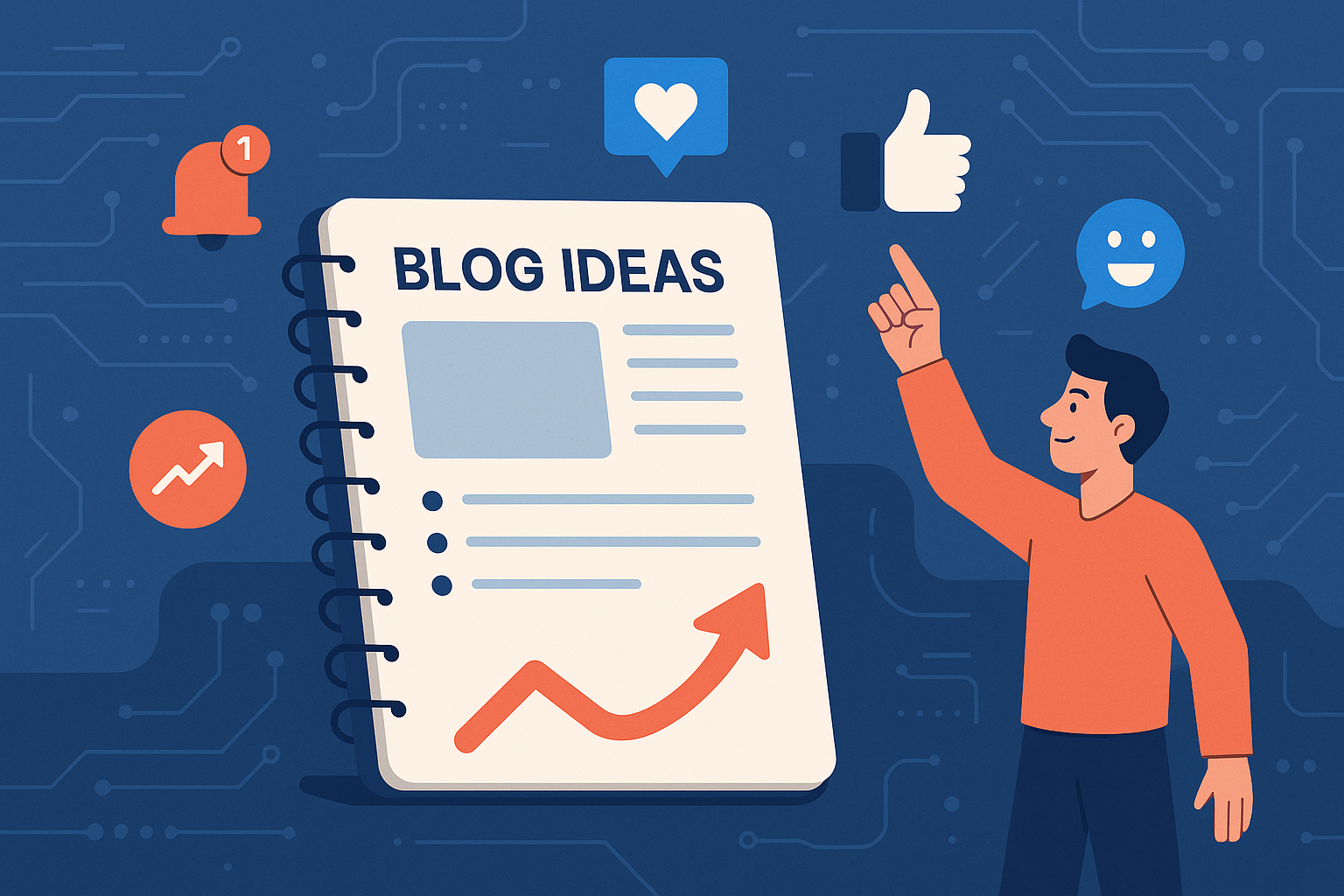 Illustration of open notebook with blog ideas in a abstract tech patterns setting, with a inspired mood.
