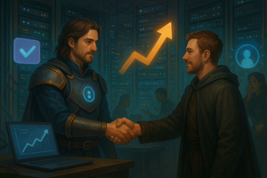 Illustration of client handshake with consultant in a server room lights setting, with a focused mood.