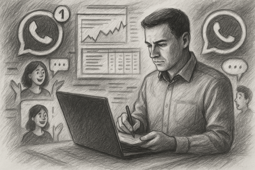 Illustration of manager reviewing system data in a dynamic tech collage setting, with a creative mood.