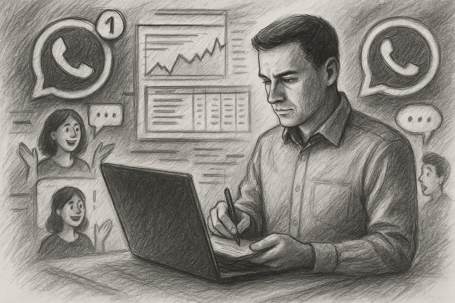 Illustration of manager reviewing system data in a dynamic tech collage setting, with a creative mood.