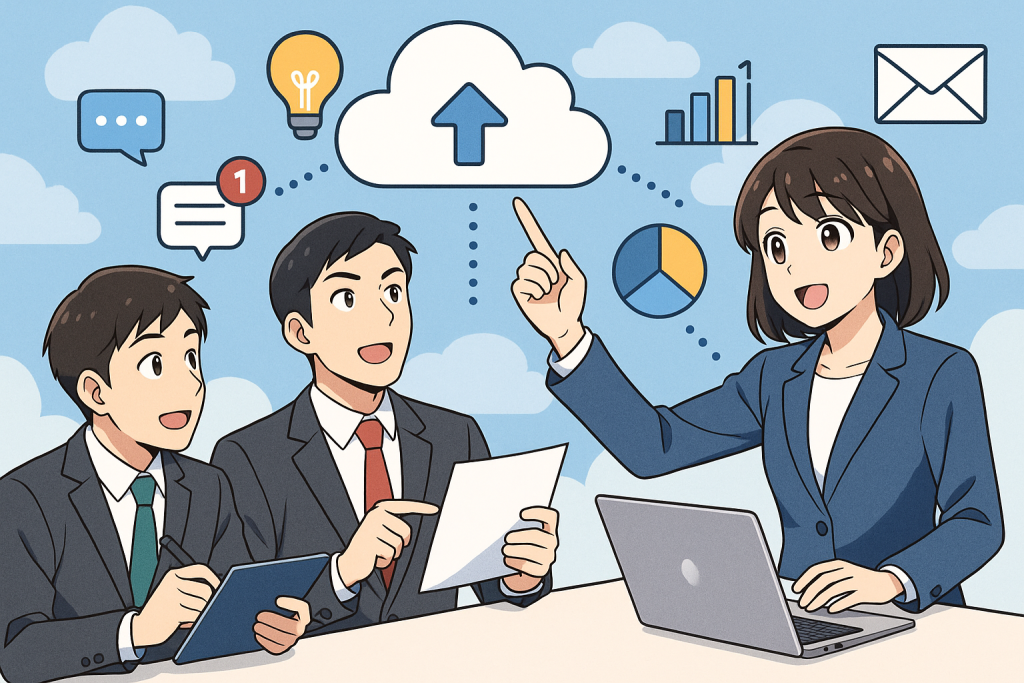 Illustration of business professionals collaborating in a cloud computing graphics setting, with a creative mood.