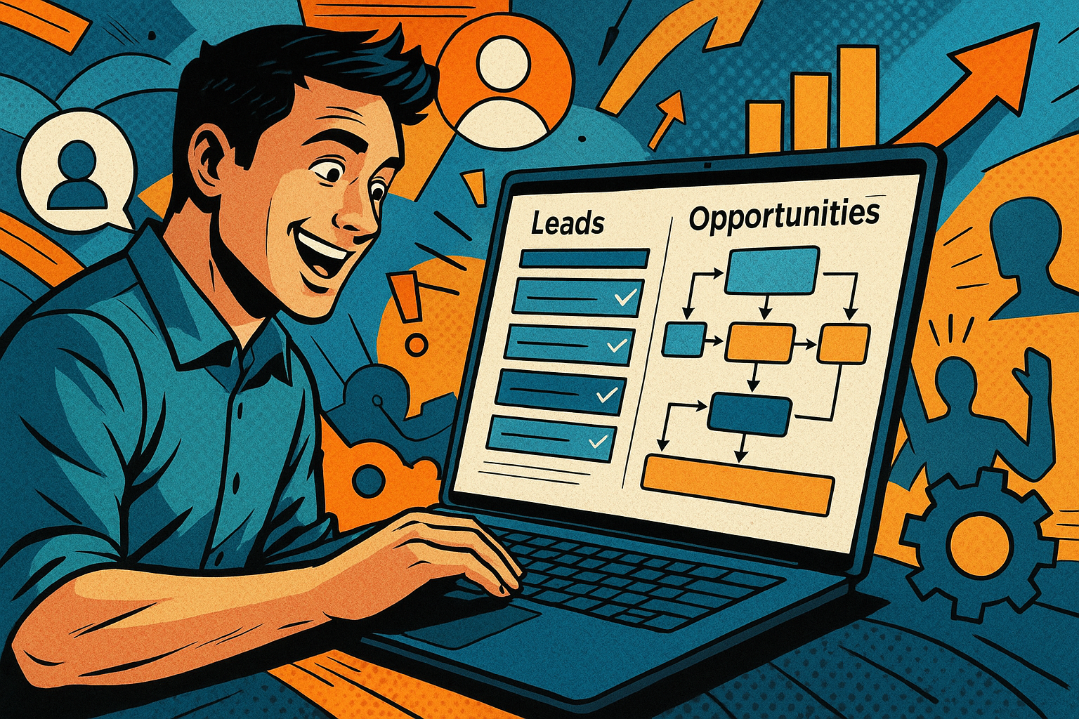 Illustration of software interface on screen in a dynamic tech collage setting, with a inspired mood.