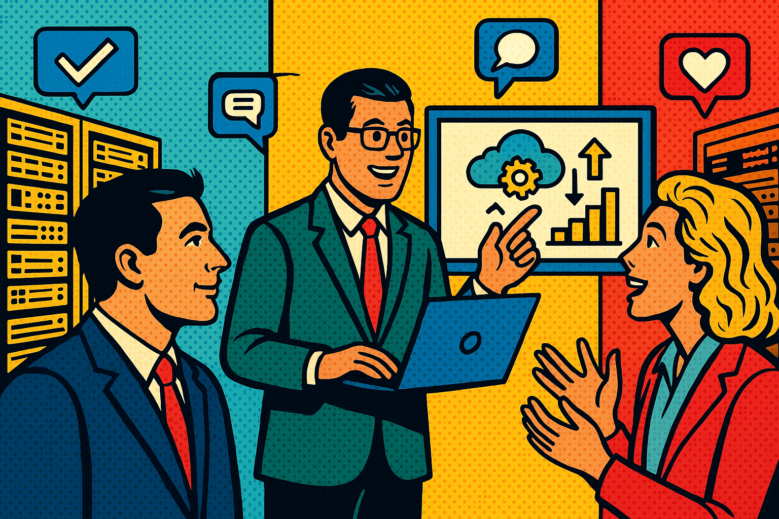 Illustration of presentation of a tech solution in a data center interior setting, with a inspired mood.