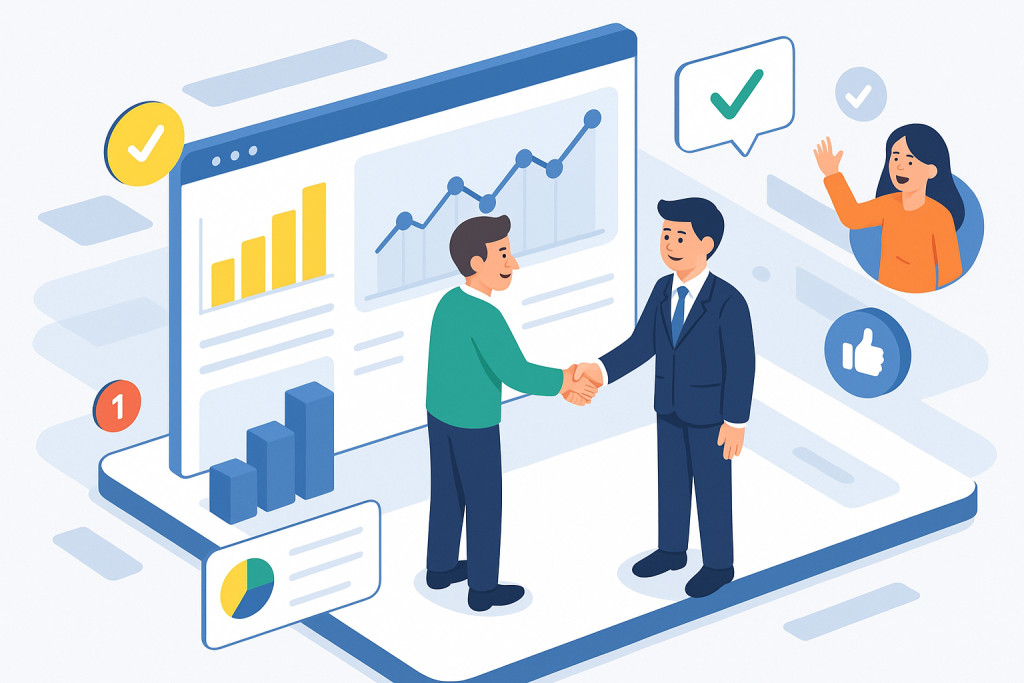 Illustration of client handshake with consultant in a technology dashboard interface setting, with a happy mood.