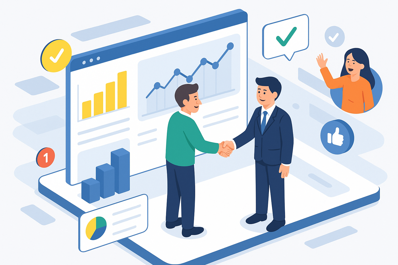 Illustration of client handshake with consultant in a technology dashboard interface setting, with a happy mood.