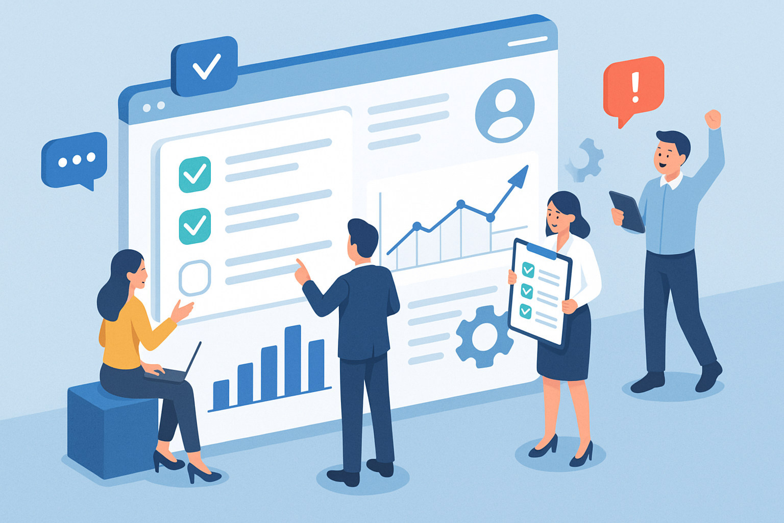 Illustration of business professionals collaborating in a technology dashboard interface setting, with a inspired mood.