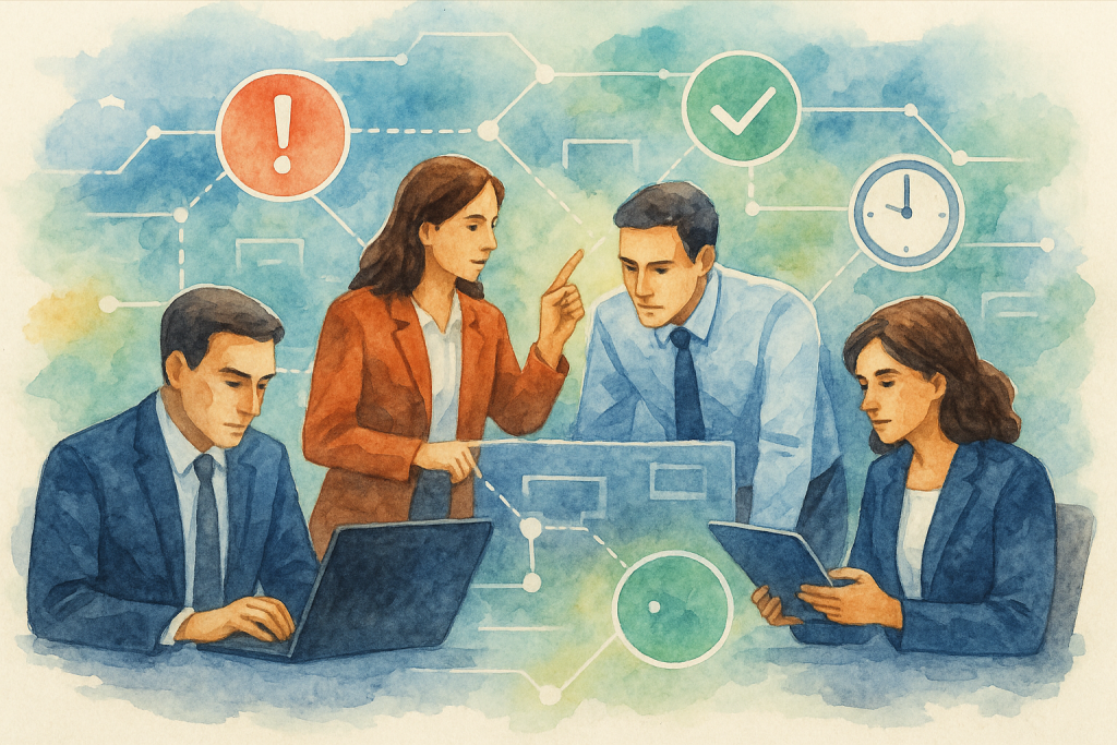 Illustration of business professionals collaborating in a abstract digital network setting, with a focused mood.