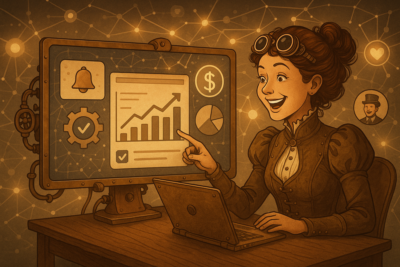 Illustration of software interface on screen in a abstract digital network setting, with a happy mood.