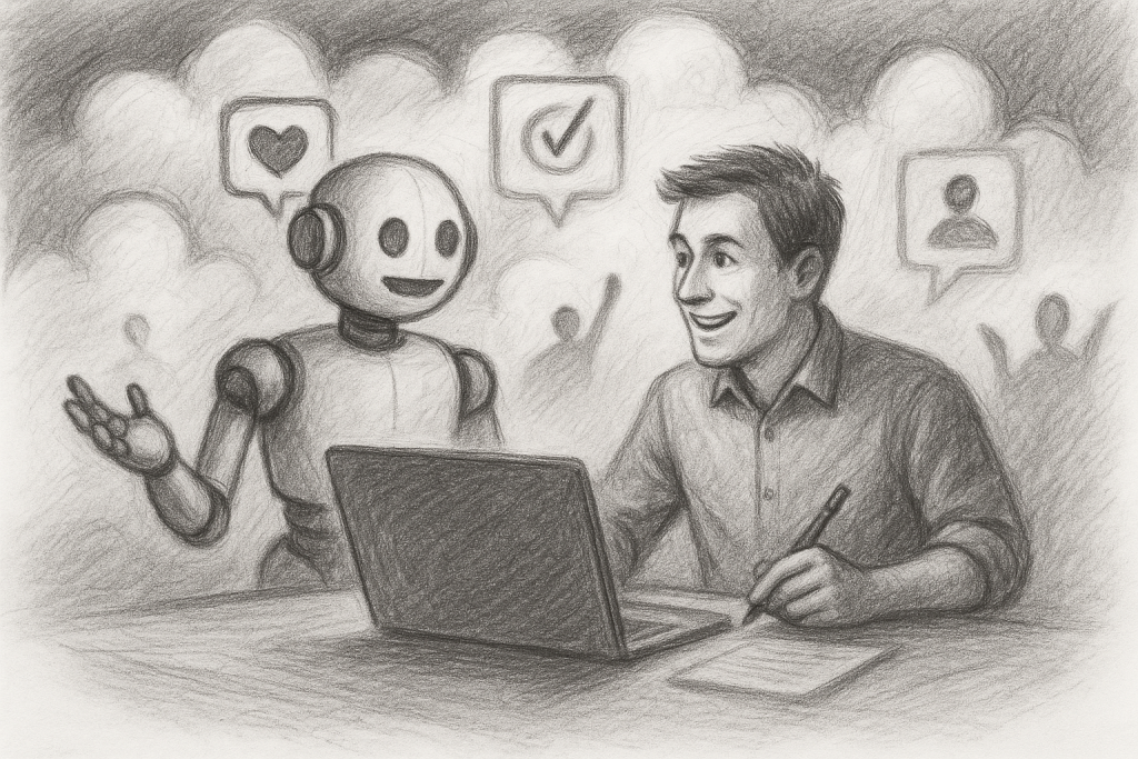 Illustration of ai bot assisting marketer in a cloud-based frameworks setting, with a inspired mood.