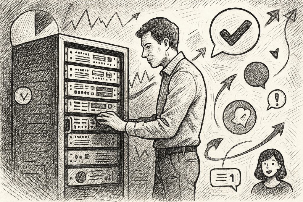 Illustration of engineer configuring a server in a dynamic tech collage setting, with a focused mood.