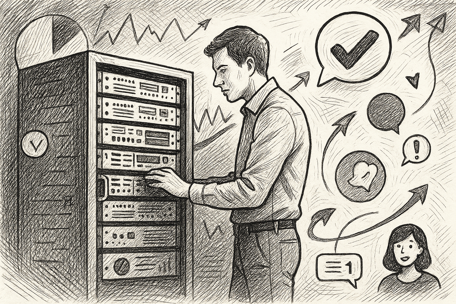 Illustration of engineer configuring a server in a dynamic tech collage setting, with a focused mood.