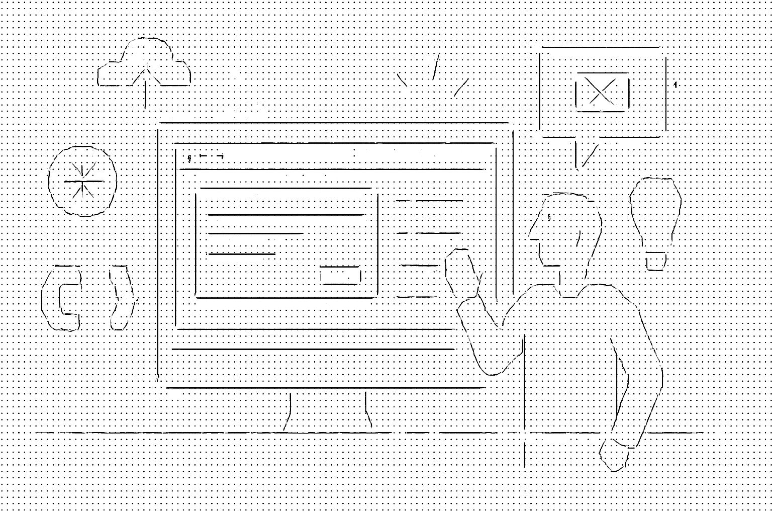 Illustration of software interface on screen in a dynamic tech collage setting, with a creative mood.