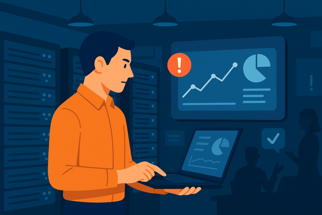 Illustration of manager reviewing system data in a server room lights setting, with a focused mood.