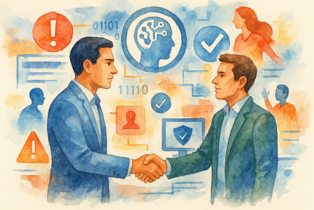 Illustration of client handshake with consultant in a dynamic tech collage setting, with a determined mood.