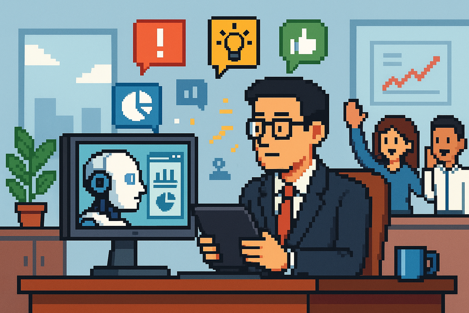 Illustration of manager reviewing system data in a modern office environment setting, with a creative mood.