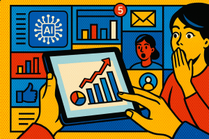 Illustration of hands on tablet showing analytics in a digital dashboard interface setting, with a focused mood.