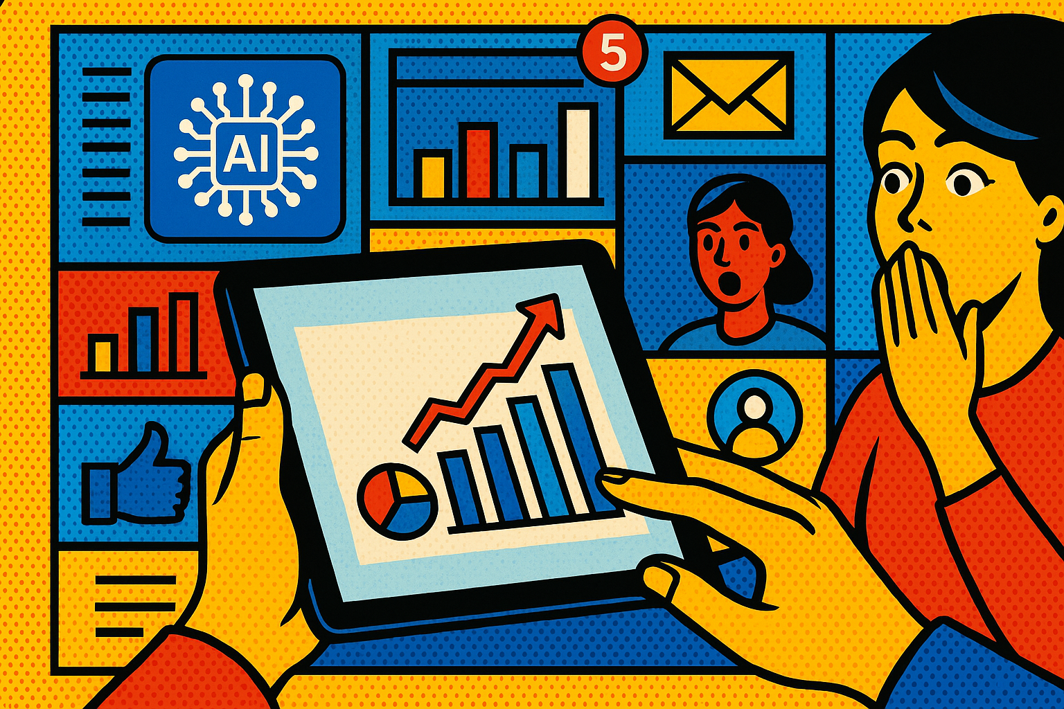Illustration of hands on tablet showing analytics in a digital dashboard interface setting, with a focused mood.