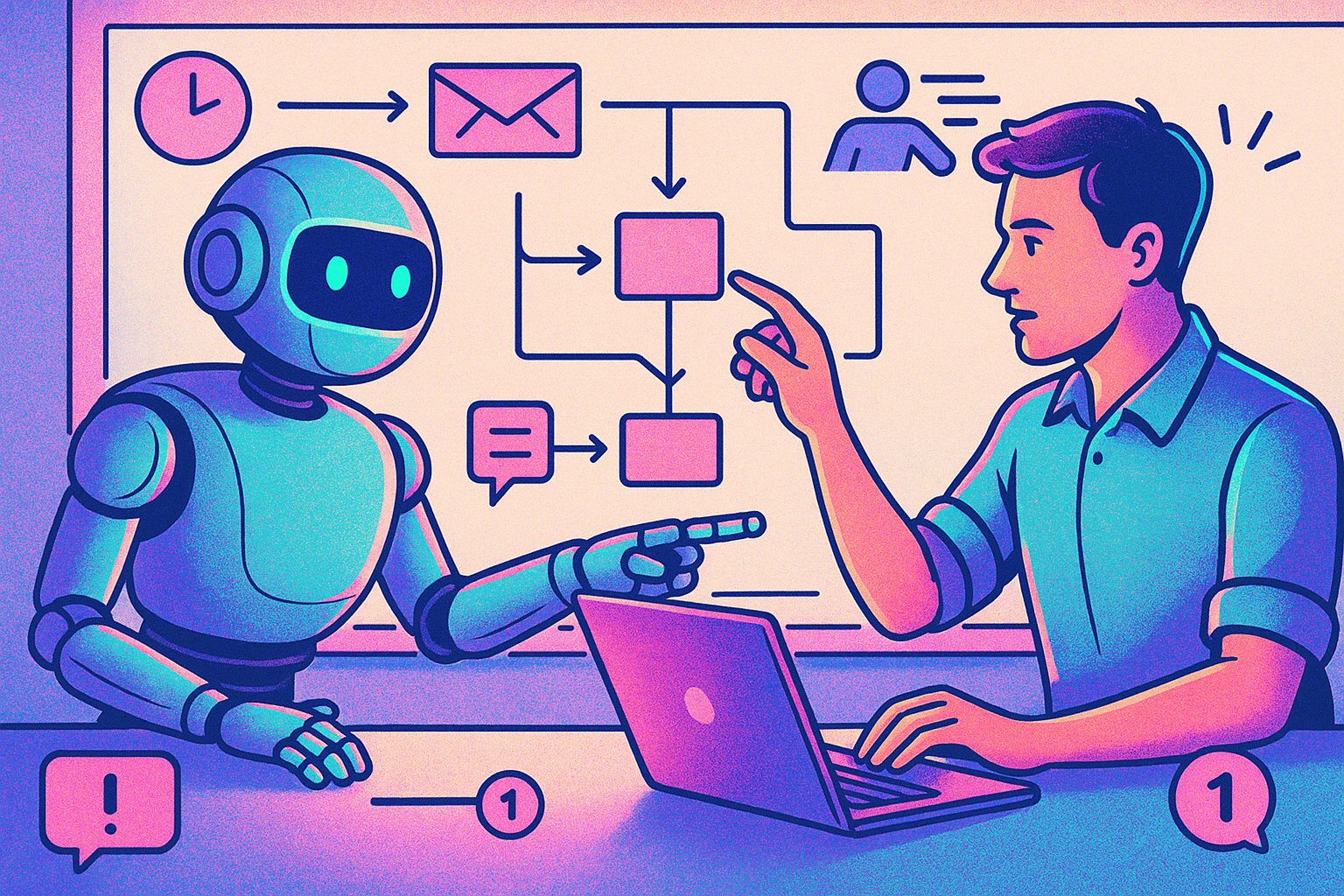 Illustration of ai bot assisting marketer in a whiteboard workflow sketches setting, with a determined mood.