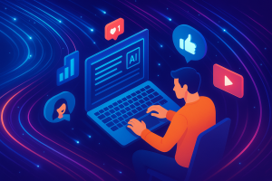 Illustration of person typing on laptop in a neon data streams setting, with a relaxed mood.