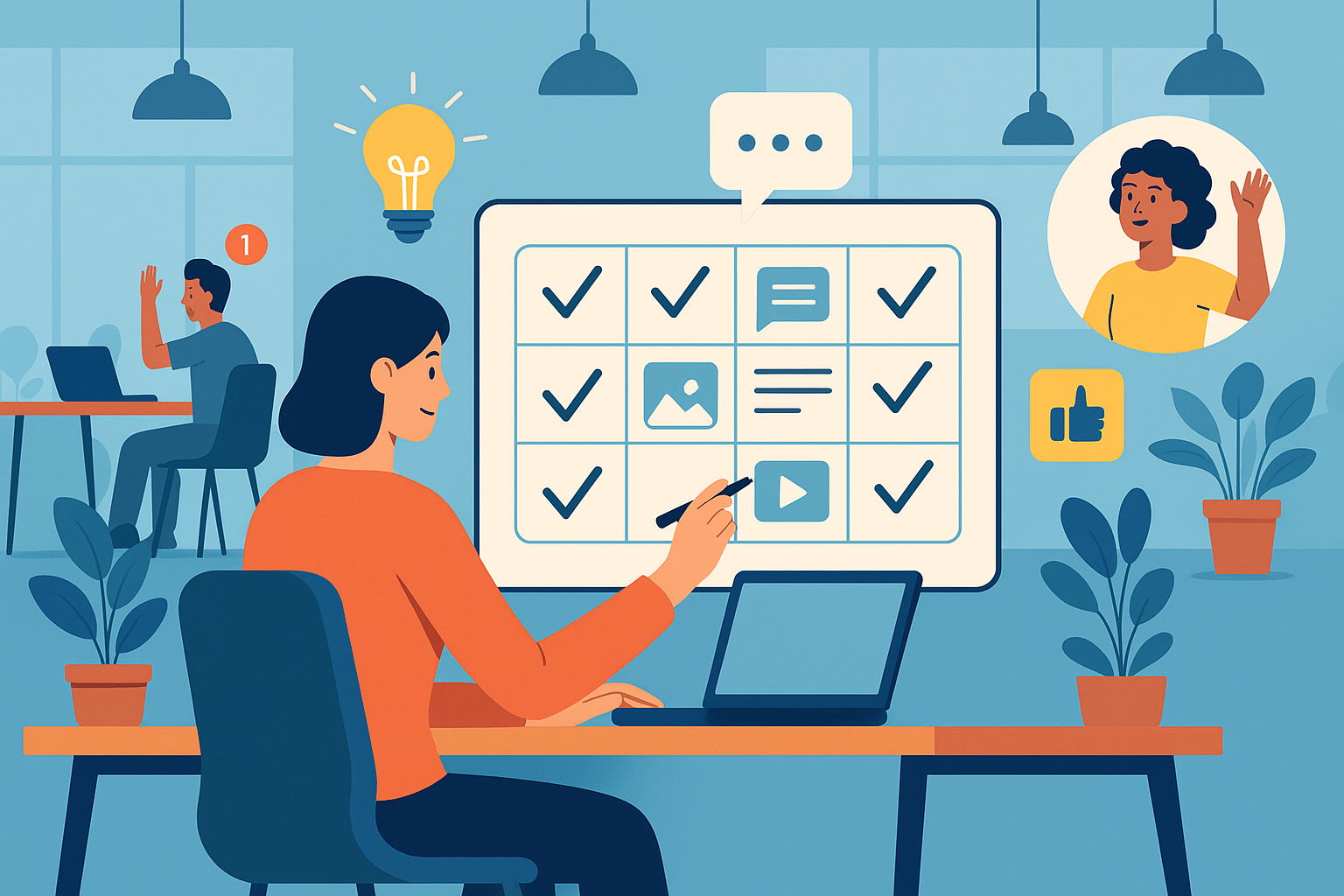 Illustration of marketer scheduling content in a modern co-working spaces setting, with a inspired mood.