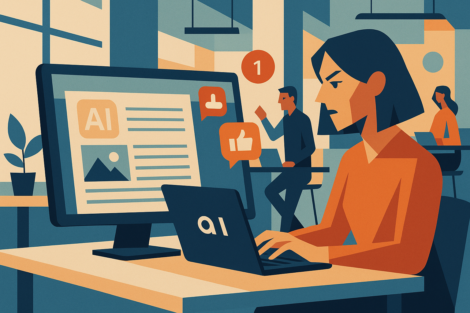 Illustration of computer screen with ai-generated article in a modern co-working spaces setting, with a determined mood.