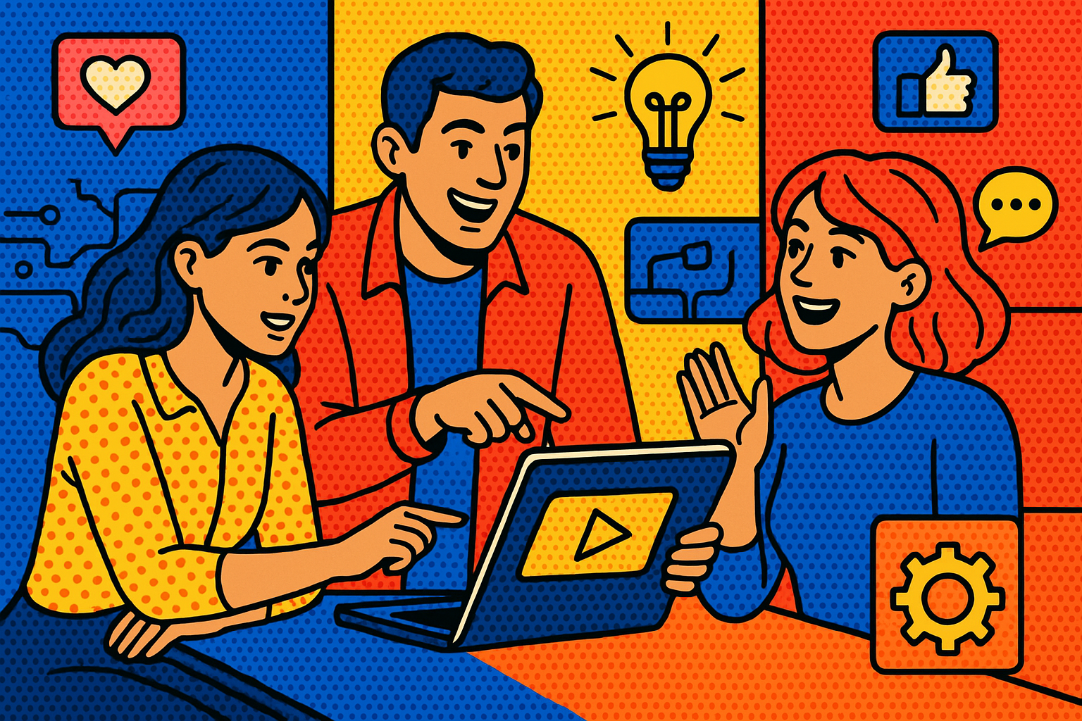 Illustration of team planning content in a abstract tech patterns setting, with a creative mood.