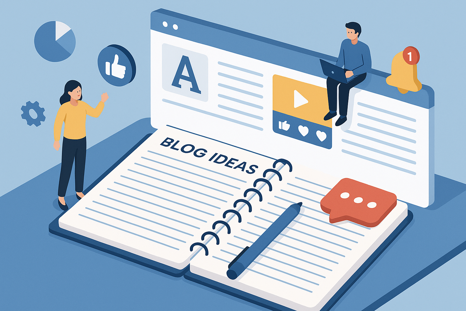 Illustration of open notebook with blog ideas in a digital dashboard interface setting, with a determined mood.