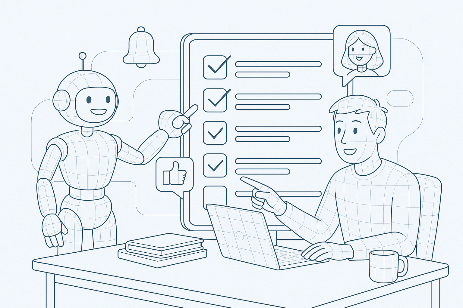 Illustration of ai bot assisting marketer in a minimal office desk setting, with a creative mood.
