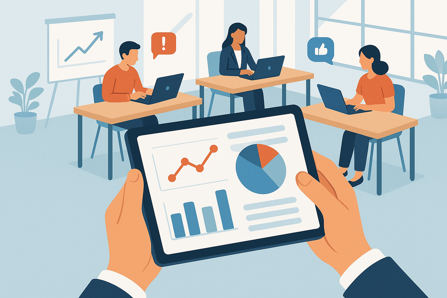 Illustration of hands on tablet showing analytics in a modern co-working spaces setting, with a focused mood.