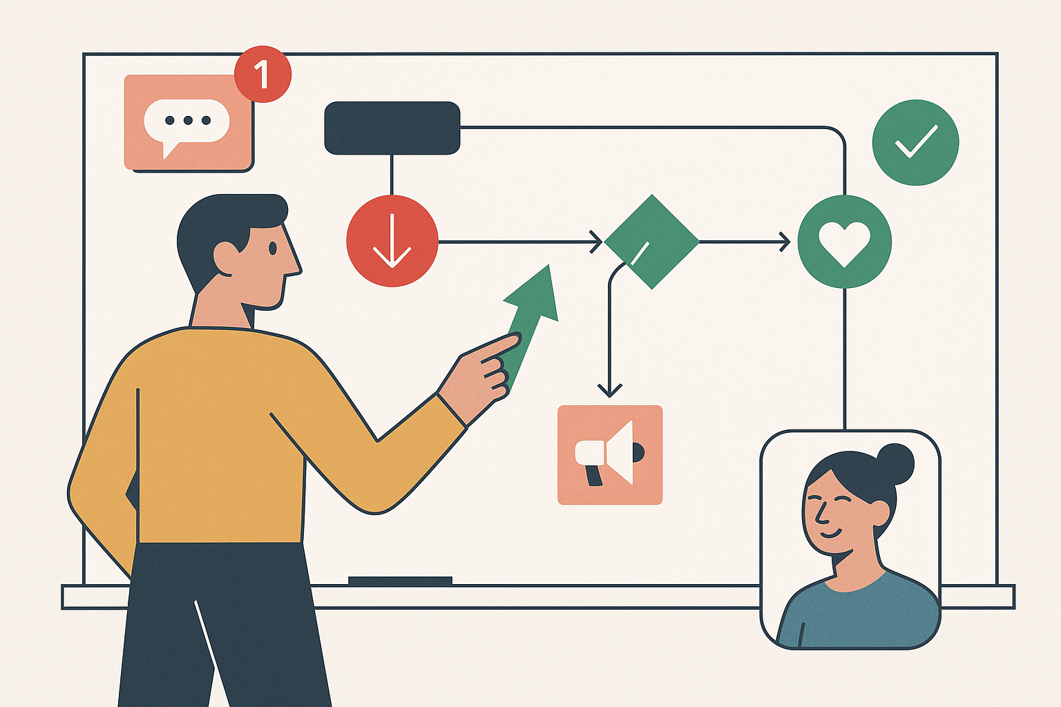 Illustration of graphic showing blog post flow in a whiteboard workflow sketches setting, with a relaxed mood.