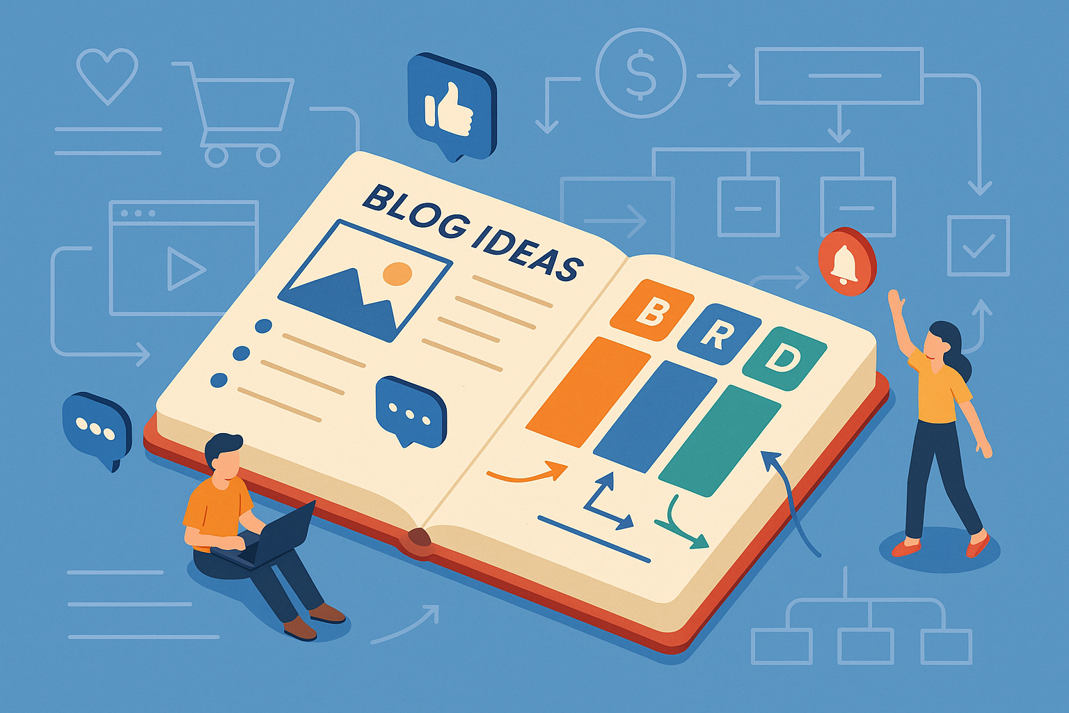 Illustration of open notebook with blog ideas in a whiteboard workflow sketches setting, with a relaxed mood.