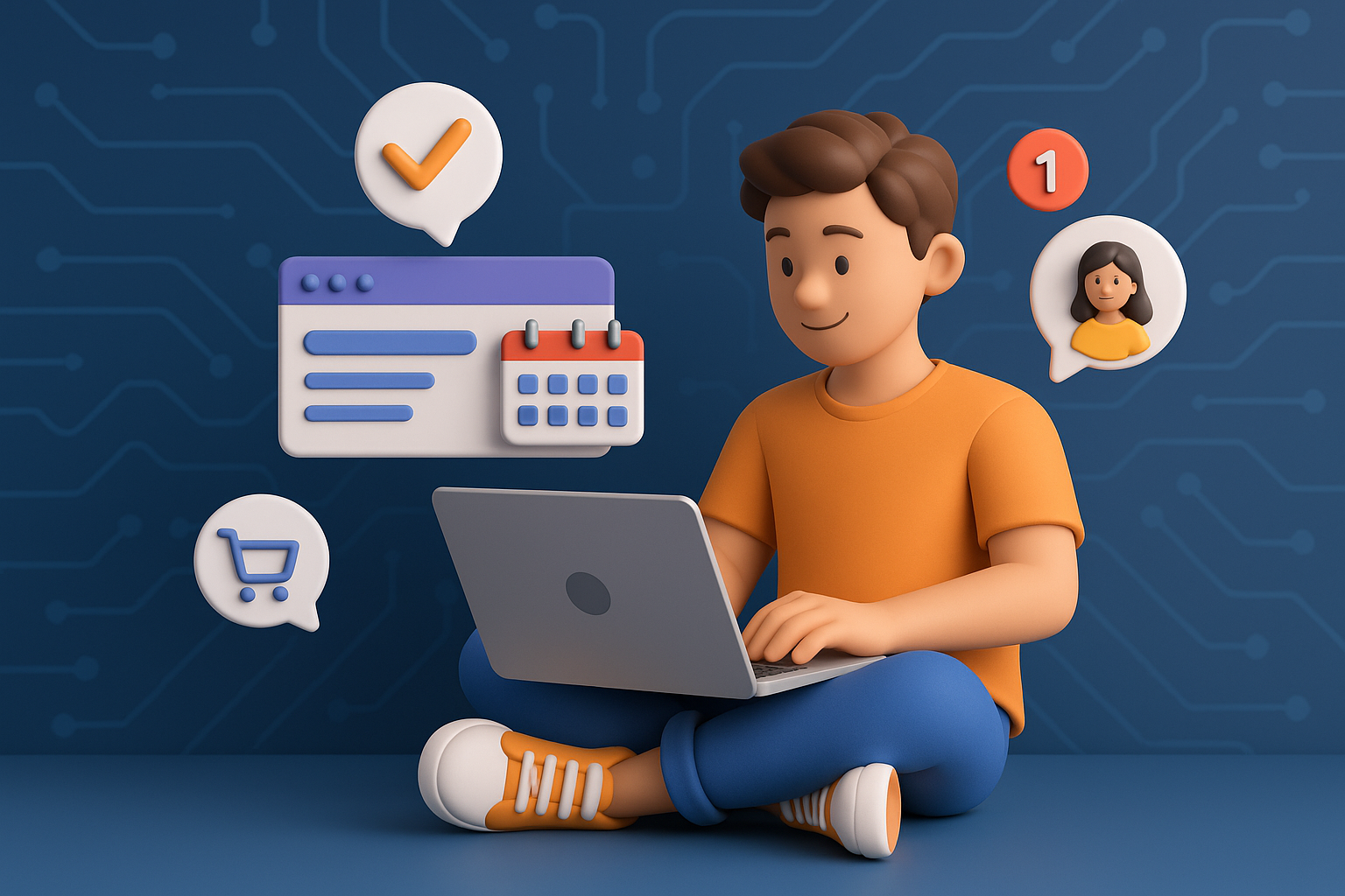 Illustration of person typing on laptop in a abstract tech patterns setting, with a relaxed mood.