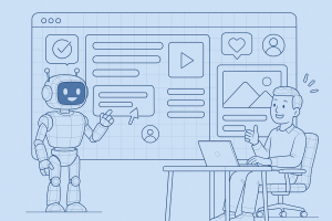 Illustration of ai bot assisting marketer in a digital dashboard interface setting, with a happy mood.