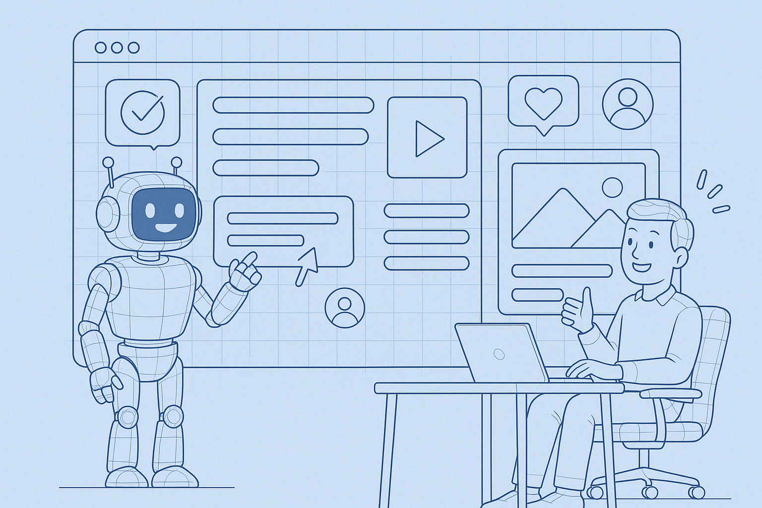 Illustration of ai bot assisting marketer in a digital dashboard interface setting, with a happy mood.
