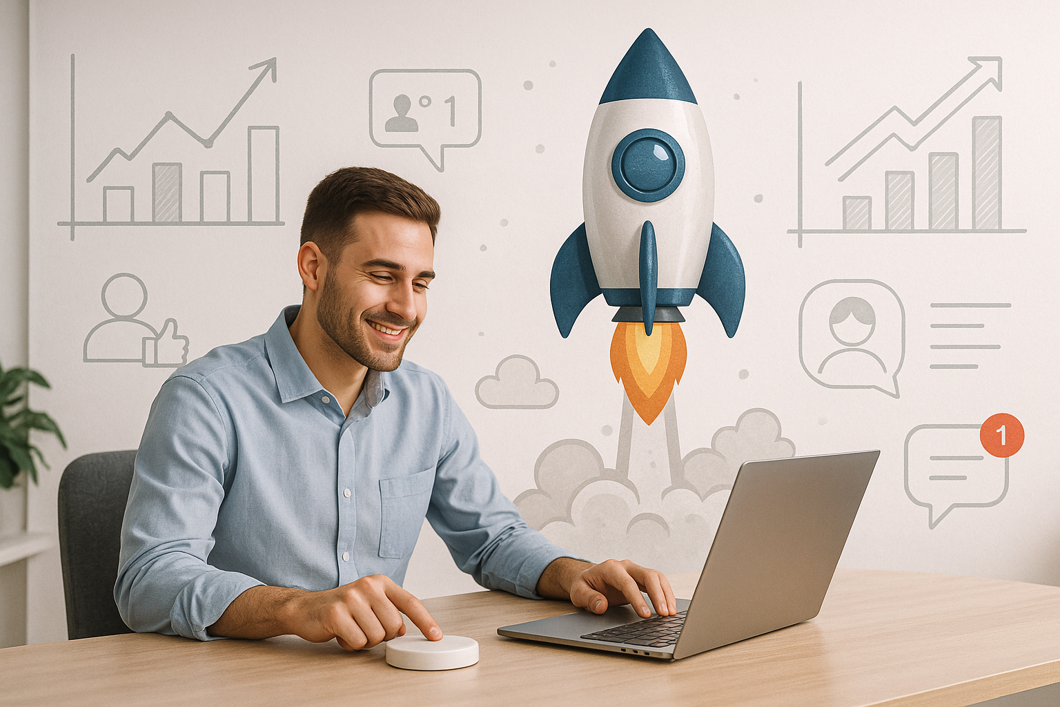 Illustration of individual launching campaign in a whiteboard workflow sketches setting, with a relaxed mood.