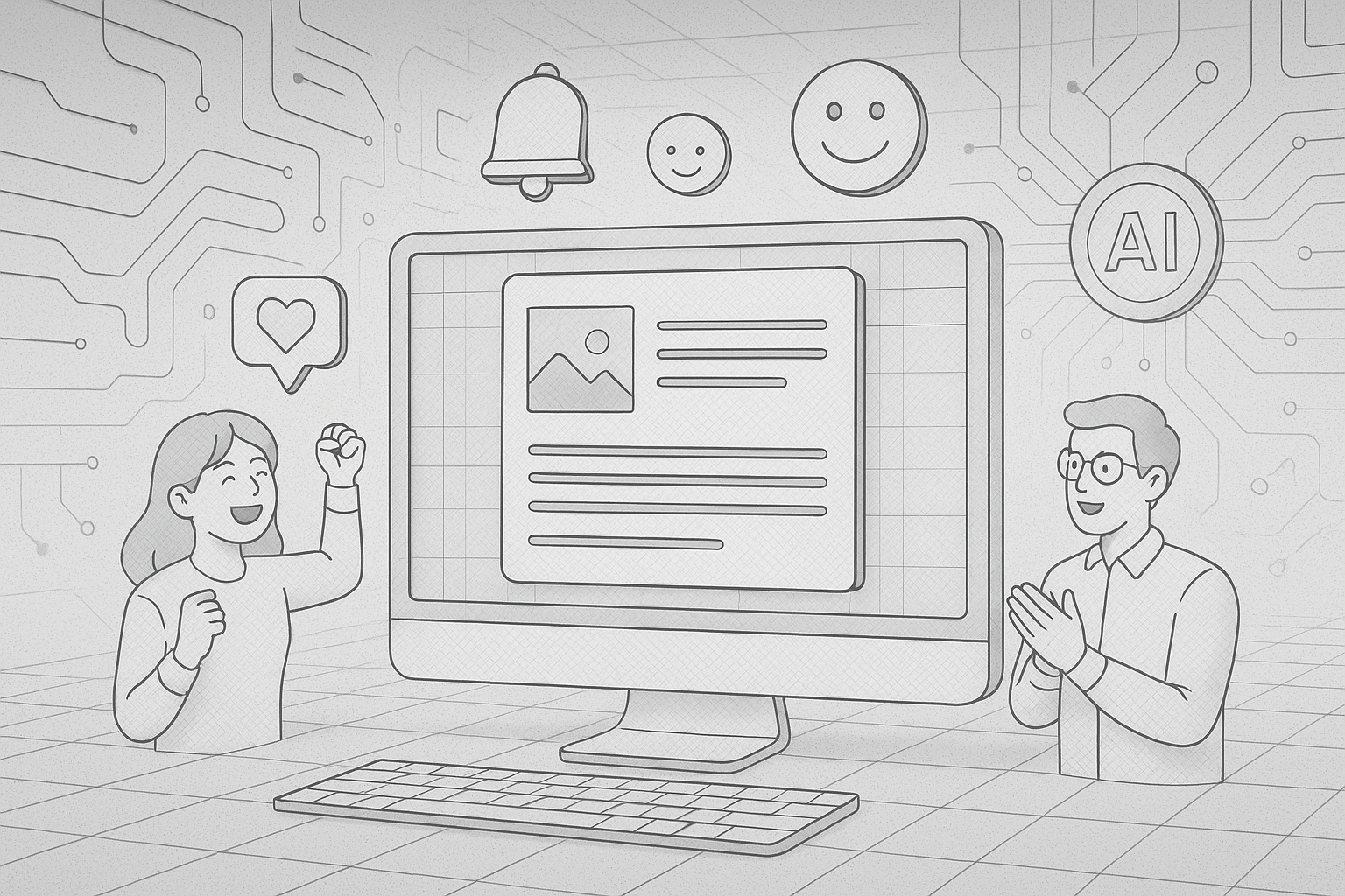 Illustration of computer screen with ai-generated article in a abstract tech patterns setting, with a happy mood.