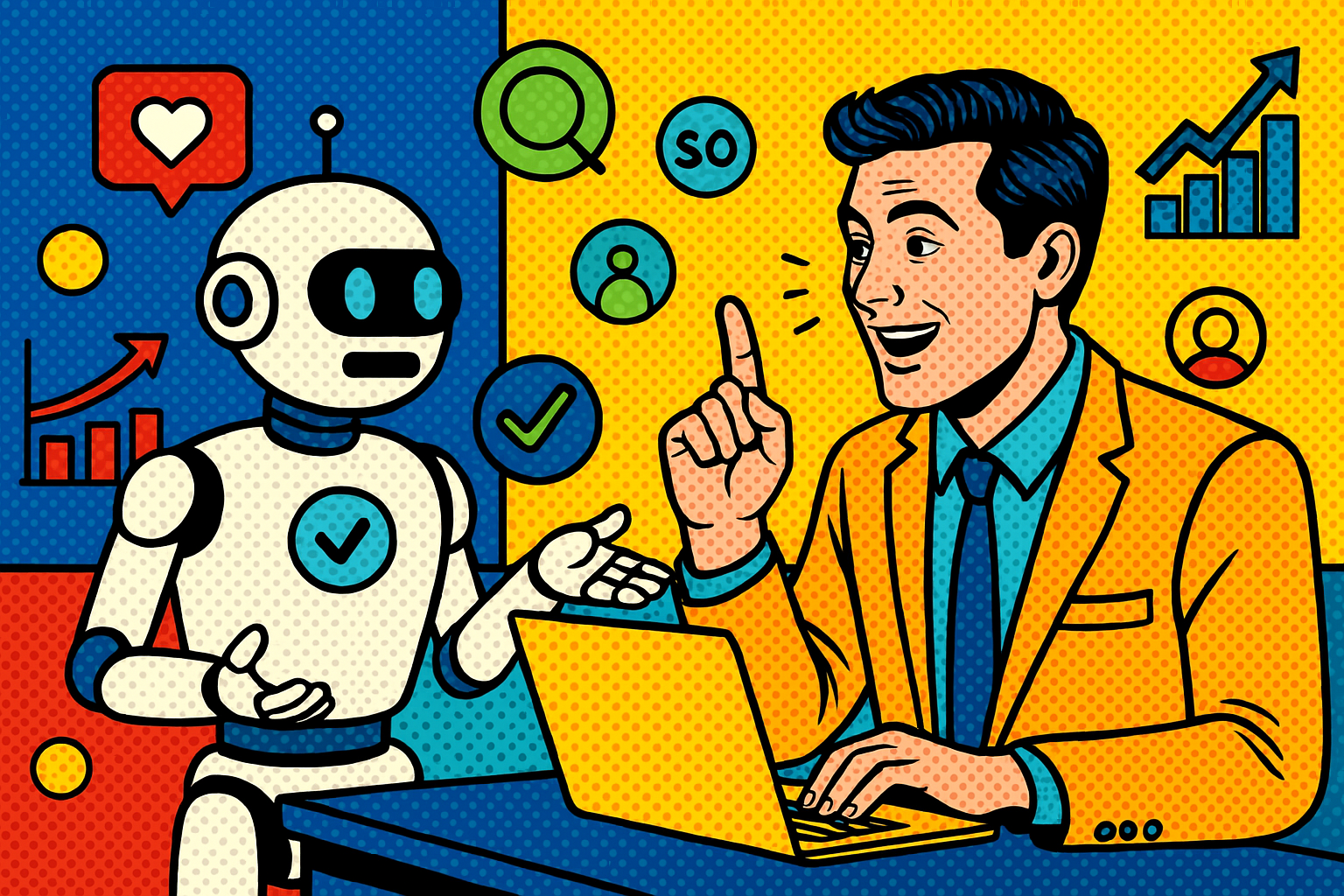Illustration of ai bot assisting marketer in a abstract tech patterns setting, with a inspired mood.