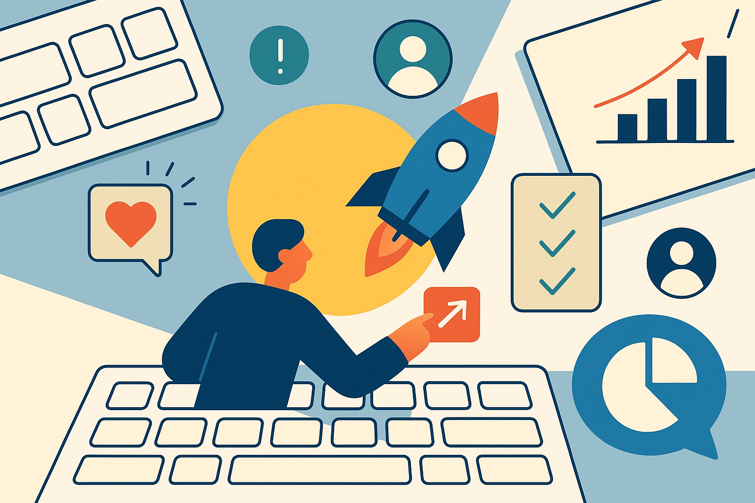 Illustration of individual launching campaign in a keyboard and notebook flatlay setting, with a inspired mood.