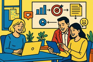 Illustration of graphic showing blog post flow in a modern co-working spaces setting, with a happy mood.