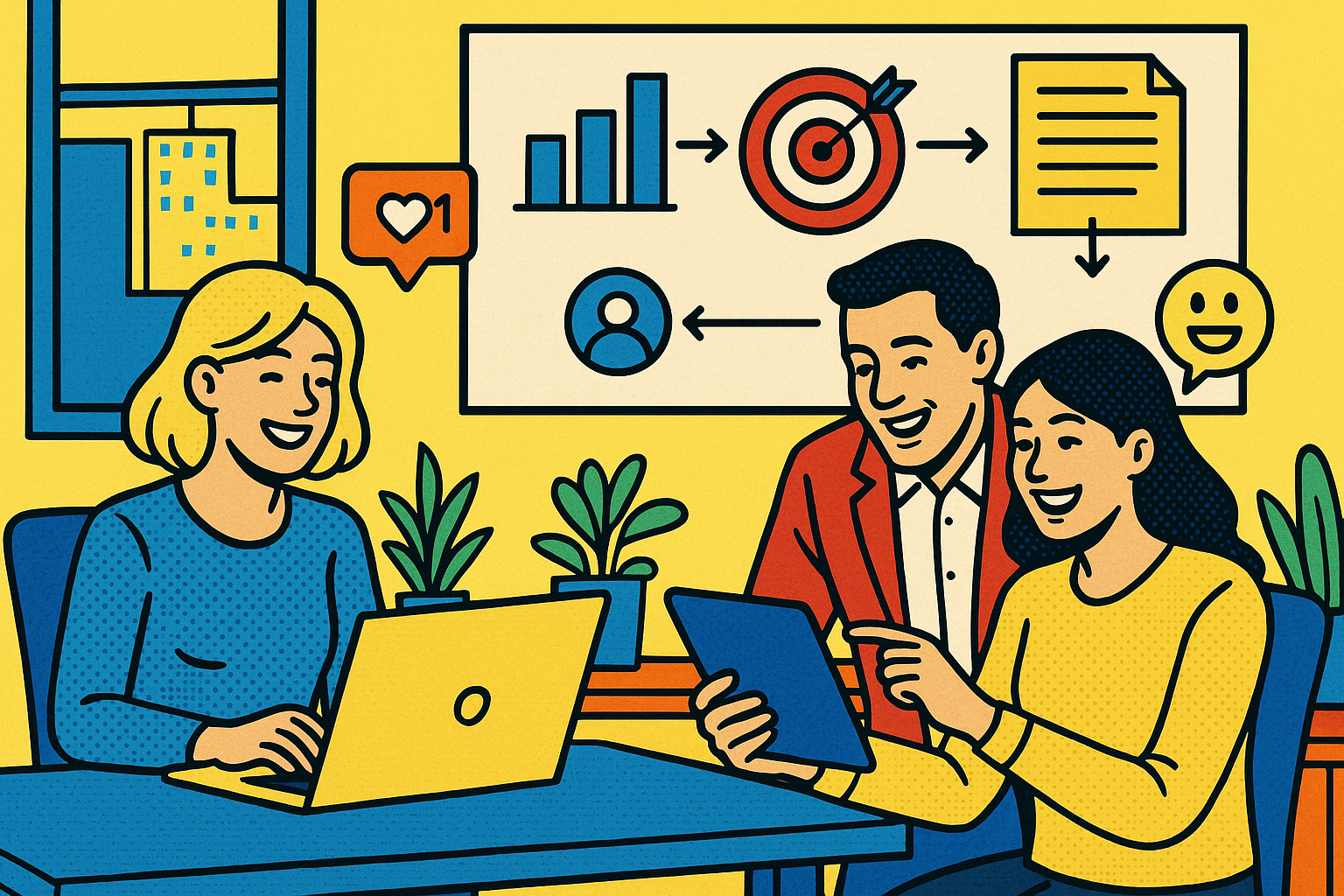 Illustration of graphic showing blog post flow in a modern co-working spaces setting, with a happy mood.