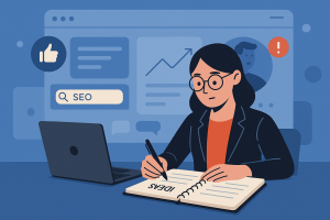 Illustration of open notebook with blog ideas in a digital dashboard interface setting, with a focused mood.