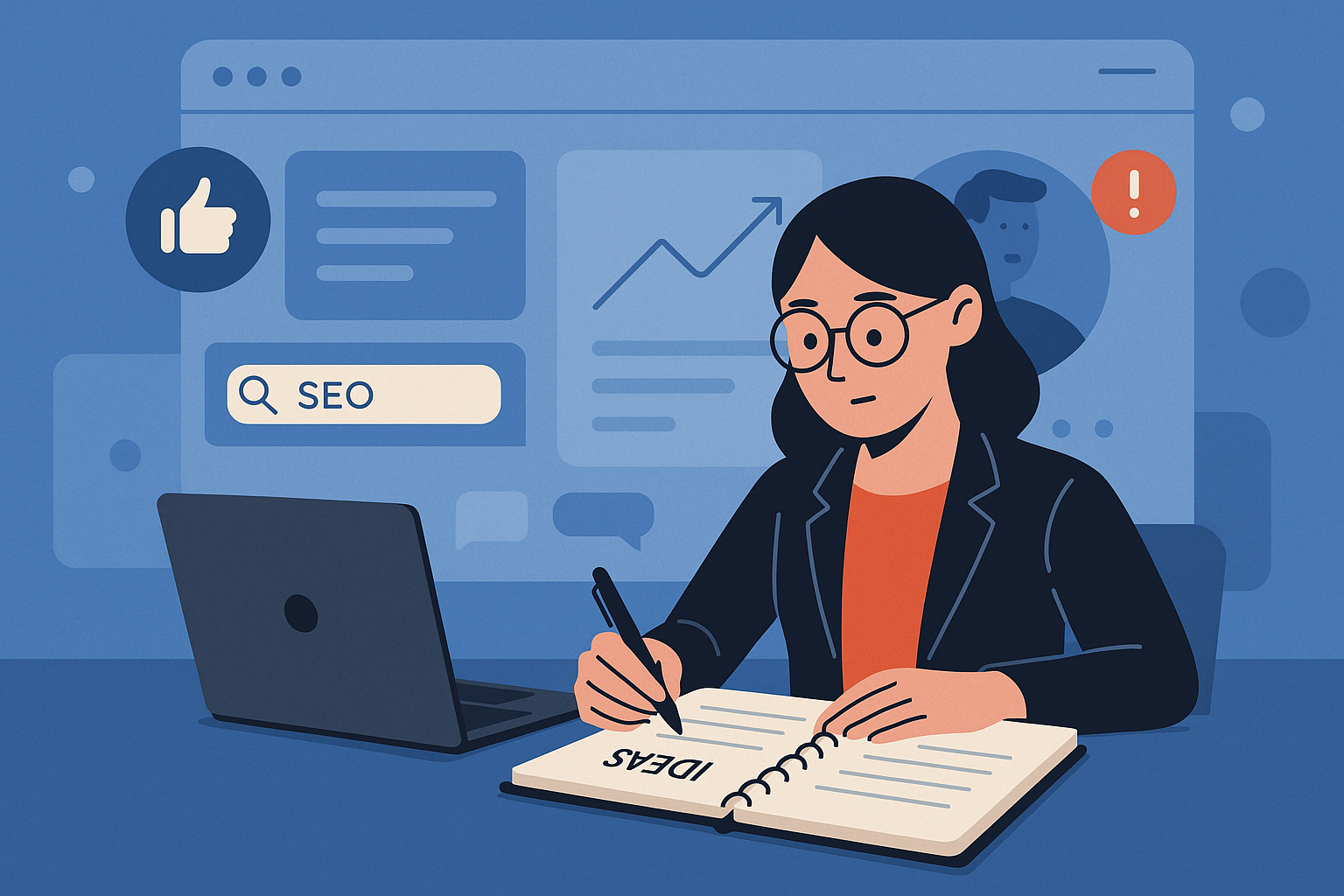 Illustration of open notebook with blog ideas in a digital dashboard interface setting, with a focused mood.