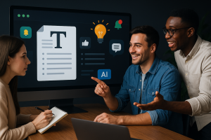 Illustration of team planning content in a dark mode user interface setting, with a inspired mood.