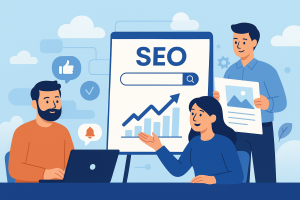 Illustration of team planning content in a cloud-based frameworks setting, with a relaxed mood.