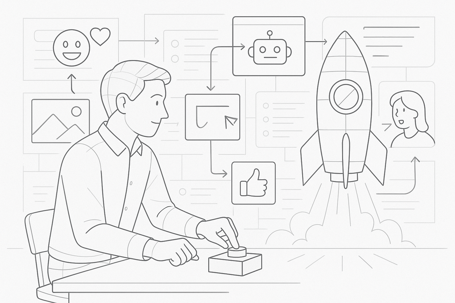 Illustration of individual launching campaign in a whiteboard workflow sketches setting, with a focused mood.