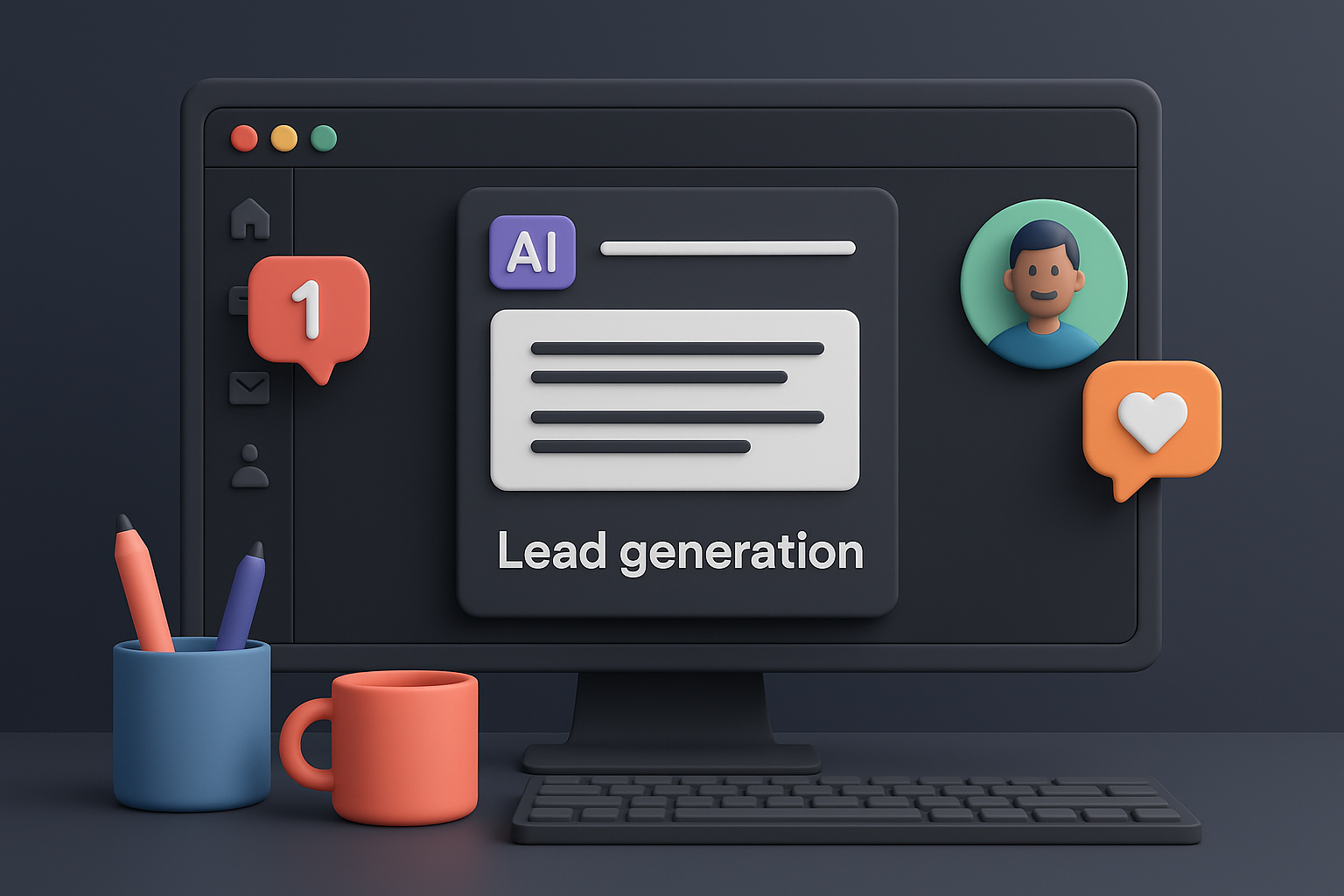 Illustration of computer screen with ai-generated article in a dark mode user interface setting, with a relaxed mood.