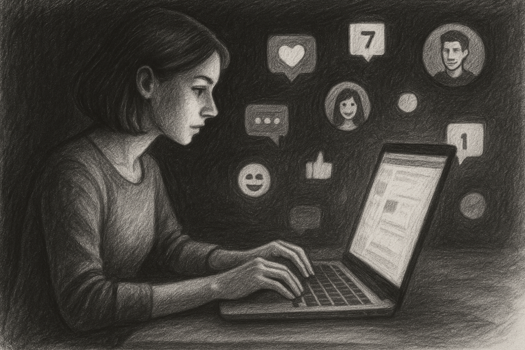 Illustration of person typing on laptop in a dark mode user interface setting, with a focused mood.