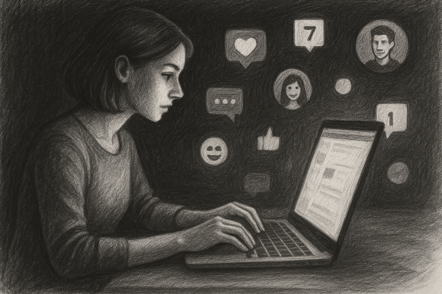 Illustration of person typing on laptop in a dark mode user interface setting, with a focused mood.